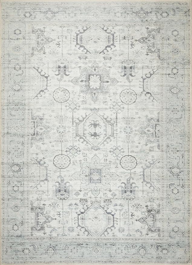 GLN Rugs Traditional Collection - Machine Washable Area Rug, Traditional Washable, Non Slip, Low Pile Chenille Rug, Living Room, Bedroom, Kitchen Rug (6' x 9' Cream/Gray/Sea Salt)