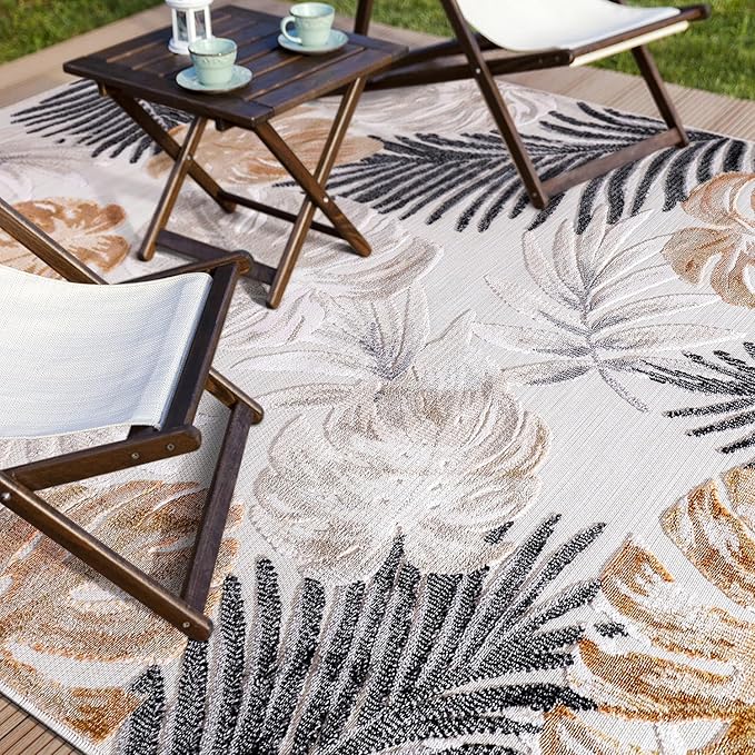 CAMILSON Indoor Outdoor Rug, Yellow 9’x12’ Leaf Tropical Botanical Area Rugs for Indoor and Outdoor patios, Easy-Cleaning Non-Shedding Living Room, Garden and Kitchen Washable Outside Carpet (9x12)