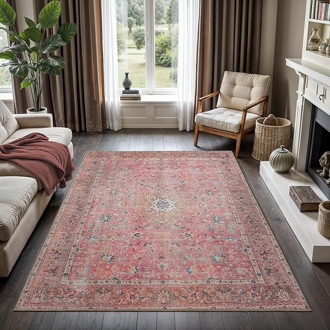 GLN Rugs Traditional Collection - Machine Washable Area Rug, Traditional Washable, Non Slip, Low Pile Chenille Rug, Living Room, Bedroom, Kitchen Rug (3' x 5' Pink/Cream)