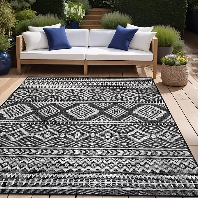 Beverly Rug Waikiki Boho Indoor Outdoor Rug 9x12, Washable Outside Carpet for Patio, Deck, Porch, Bohemian Area Rug, Farmhouse Rugs, Aztec Tribal Rug, Black and White