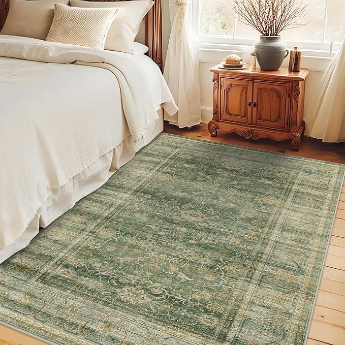 HelloTree Vintage Area Rug 4x6 Entryway Office Washable Carpet Non Slip Backing Printed Distressed Rugs for Bedroom Vintage Boho Tribal Area Rugs for Bathroom Bedroom Dining Living Room-Green