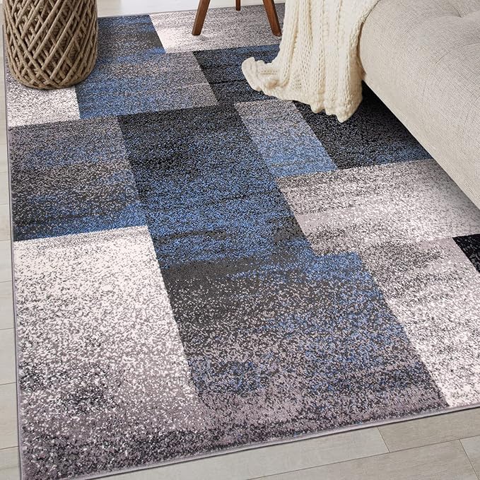 Rugshop Blue Modern Distressed Boxes Area Rug — Non-Shedding for Bedroom, Home Office and Entryway 3' x 5'