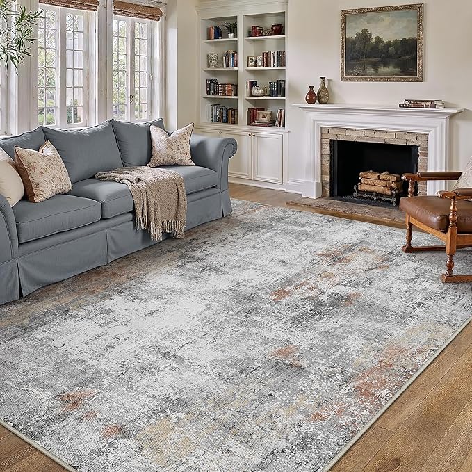 8x10 Washable Area Rug Grey Rust Abstract Living Room Bedroom Carpet Neutral Modern Non-Slip Soft Low Pile Lightweight Vacuumable Large Throw Rug for Dining Room