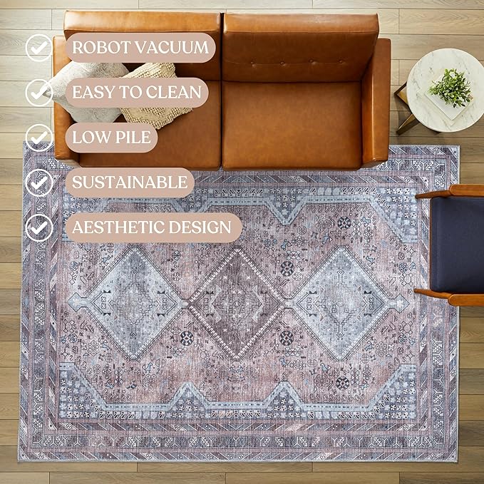 Washable Area Rug. Modern Farmhouse. Vintage. Turkish. Bohemian. Distressed. Oriental. Traditional. Rugs for Living Room. Dining. Bedroom. Office. Entryway. Foyer. (863BM, 5'9 x 8'9)