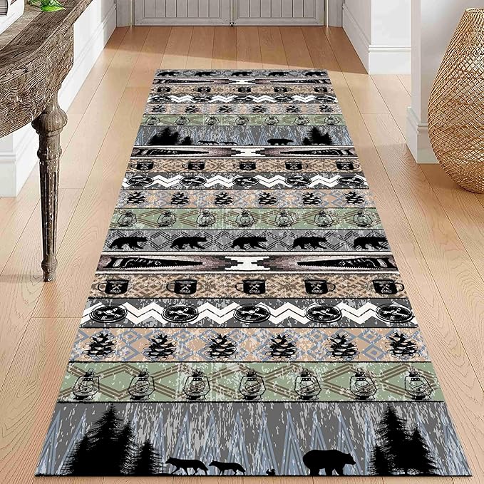 Bear Rug for Runner Rug, 2x8ft, Rustic Black Bear Wood Saw Compass Pine Oil Lamp Pattern Long Runner Rug, Camping Theme Multi-Color Stitching Non-Slip Floor Carpet, Cabin Style Home Decoration