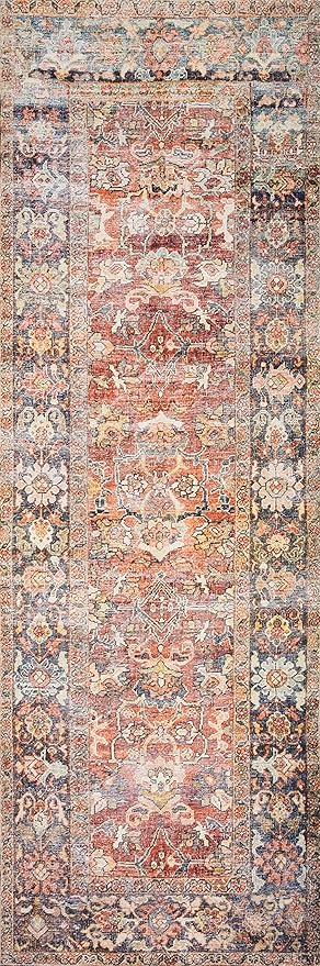Loloi Layla Collection LAY-02 Spice/Marine 2'-6" x 9'-6" .13" Thick Runner Rug, Soft, Durable, Vintage Inspired, Distressed, Low Pile, Non-Shedding, Easy Clean, Printed, Living Room Rug