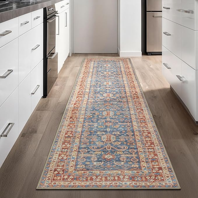 GLN Rugs Traditional Collection - Machine Washable Area Rug, Traditional Washable, Non Slip, Low Pile Chenille Rug, Living Room, Bedroom, Kitchen Rug (2'6" x 10' Terra/Slate Blue)