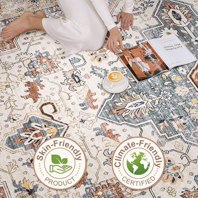 7x10 Area Rug Living Room: Washable Boho Large Neutral Vintage Soft Rug Stain Resistant Distressed Farmhouse Non-Slip Indoor Floor Carpet for Bedroom Nursery Kids Office Dining Room- Beige Blue