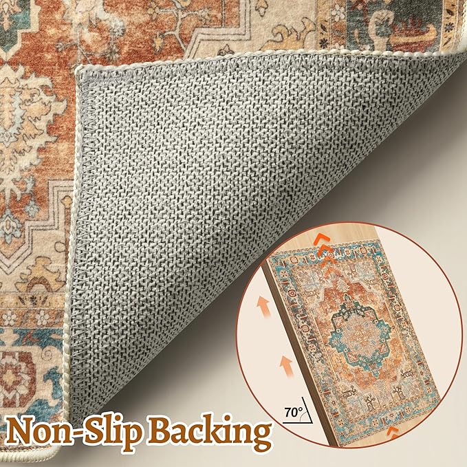 Tangsoo 5x7 Area Rug Washable for Living Room, Vintage Rug Indoor Non Slip Large Area Rugs, Print Distressed Orange Carpet, Soft Low Pile Foldable Floor Rug for Bedroom Dining Room Dorm