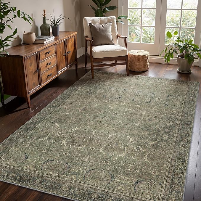 3x5 Area Rug Machine Washable Boho Rug for Living Room,Ultra-Thin Low Pile Carpet,Lightweight Indoor Printed Rug,Non Slip Floral Area Rug for Bedroom, Dining Room, Home Office,Muted Green