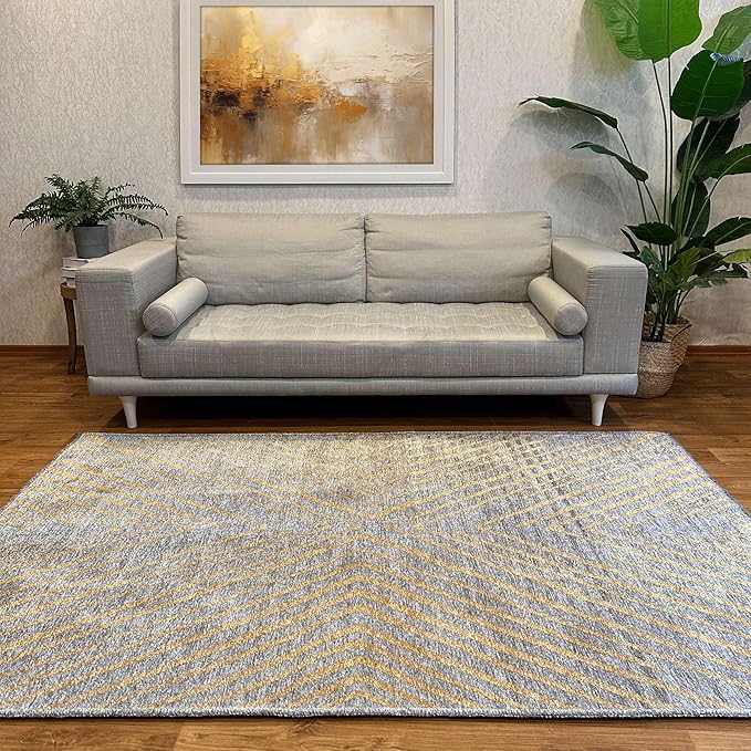 Alfa Rich 5x8 Geometric Gray Gold Washable Area Rugs for Living Room Bedroom Kitchen Cotton Rug