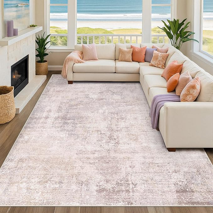 Pink and Grey 6x8 Living Room Rug, Morden Washable Area Rug for Bedroom, Non Slip Carpet for Dinning Room Under Table, Medallion Distressed Print Pattern