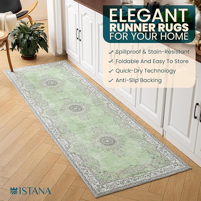 Istana Hallway Runner Rug 2.5x8 - Green Kitchen Rugs Non Slip Washable -Silk's Soft Touch Carpet Runner - Stylish Rugs for Home