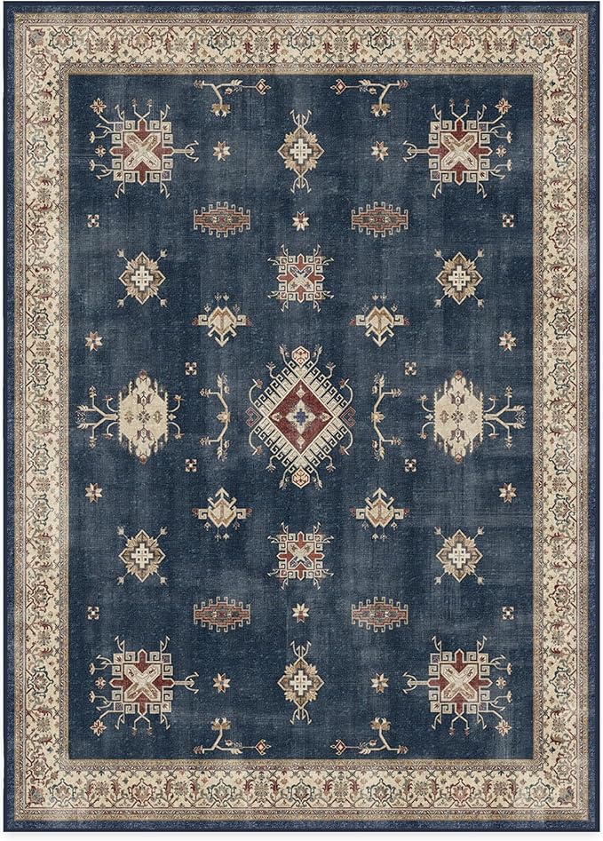RUGGABLE Washable Vintage Area Rug – Verena Sapphire 10x14, Stain-Resistant, Non-Slip – Large Machine Washable Rugs for Living Room, Bedroom, Hallway, Entryway & Office–with Standard Pad