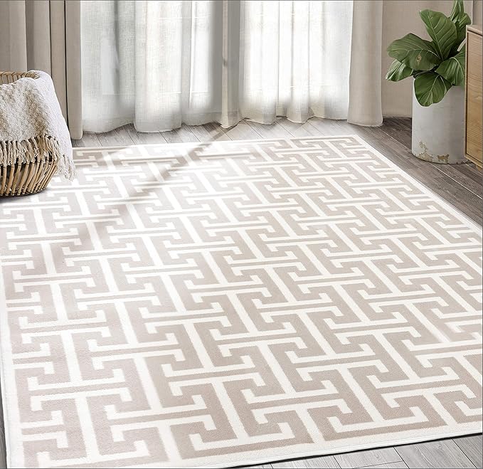 Abani Contemporary 3D Beige & White Modern Greek Key Pattern Area Rug - Geometric Meander 6' x 9' Arto Collection Neutral Rug Rugs