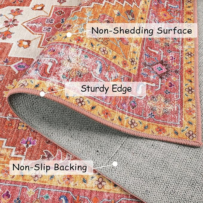 Moynesa Ultra-Thin Pink Area Rug - 8x10 Bedroom Living Room Rug Non-Slip Non-Shedding Nursery Mat, Indoor Oriental Medallion Floor Carpet for Dining Room Entryway Playroom