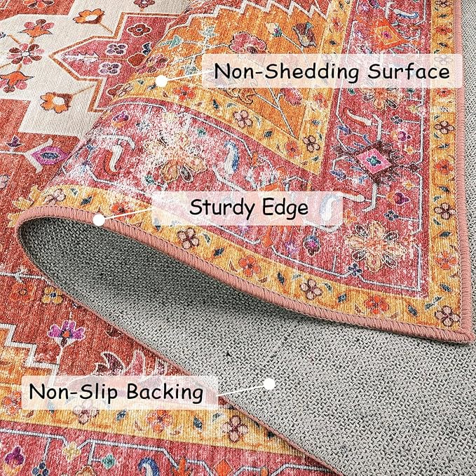 Moynesa Ultra-Thin Washable Area Rug - 4x6 Pink Rugs for Bedroom Girls Vintage Rug for Living Room, Non Slip Non Shedding Low Pile Indoor Throw Carpet for Nursery Office Entryway Kitchen Foyer