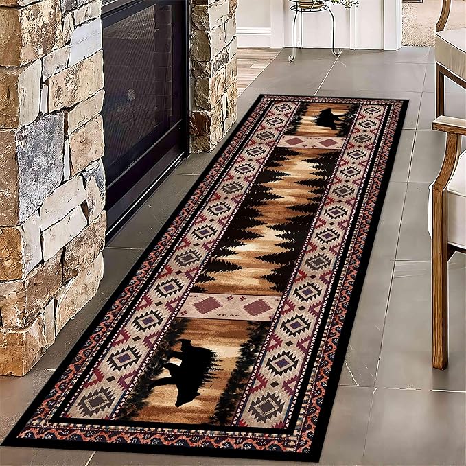 Rustic Cabin Bear Runner Rug, 4x12ft, Native American Long Runner Rug, Wildlife Black Bear Forest Hallway Rug, Vintage Brown Non-Slip Washable Southwestern Style Rug for Entry Kitchen