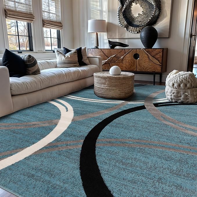 Rugshop Modern Wavy Circles Design Area Rug, Non-Shedding Carpet for Living Room, Bedroom, or Dining Room, Blue, 7'10" x 10'2"