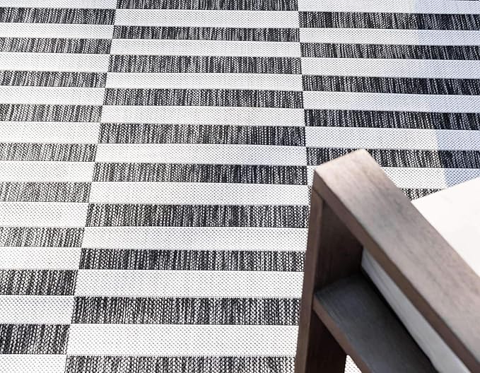 Unique Loom Outdoor Striped Collection Area Rug - Striped (2' x 6' 1" Runner, Charcoal/Ivory)