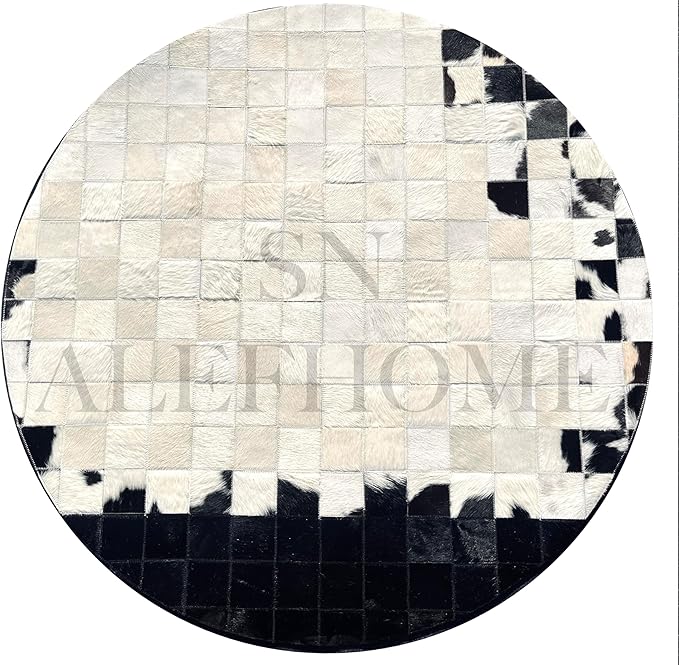 Round Geometric Patchwork Cowhide Leather Area Rug | Washable Non-Slip Carpet for Living Room, Bedroom & Home Décor(6x6 ft_White & Black)