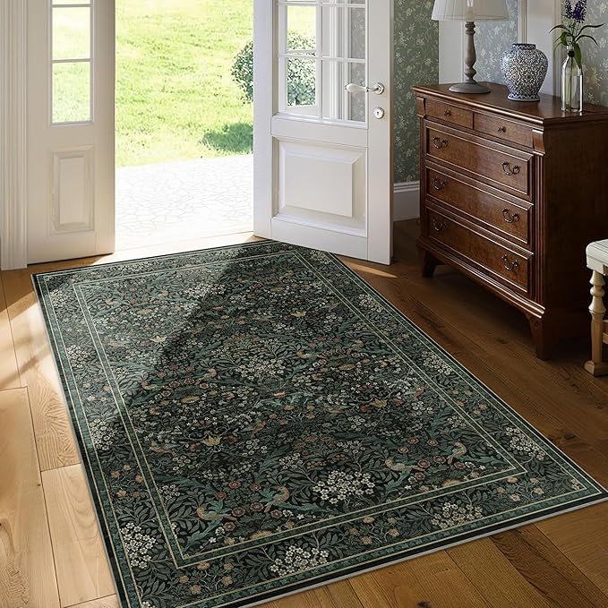 3x5 Floral Washable Area Rug for Living Room, Vintage Boho Rug for Bedroom Dining Room， Distressed Botanical Birds Non Slip Low Pile Forest Animal Throw Carpet for Farmhouse Office, Dark Green
