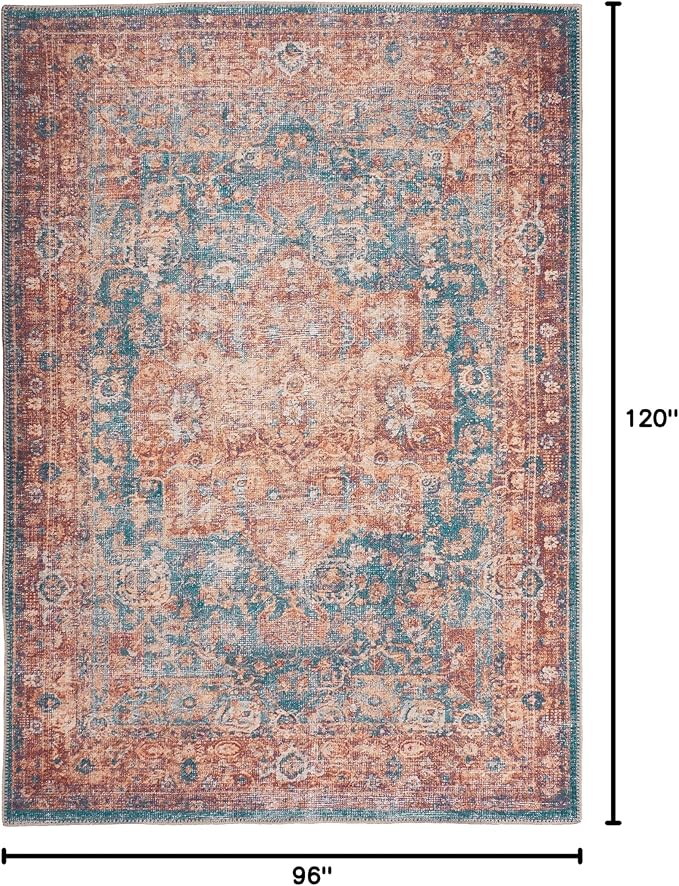 GLN Rugs Traditional Collection - Machine Washable Area Rug, Traditional Washable, Non Slip, Low Pile Chenille Rug, Living Room, Bedroom, Kitchen Rug (8' x 10' Terra/Green)