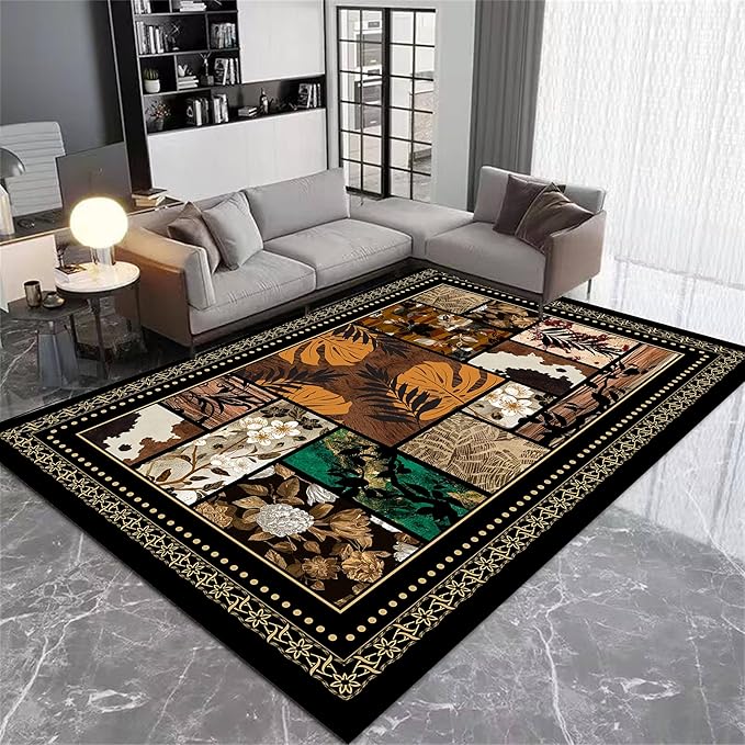 Floral Tropical Patchwork Area Rug 8x10ft, Vintage Black & Brown Country Carpet, Low Pile Non-Slip Mat for Cozy Bedroom, Dining Room, Farmhouse Decor