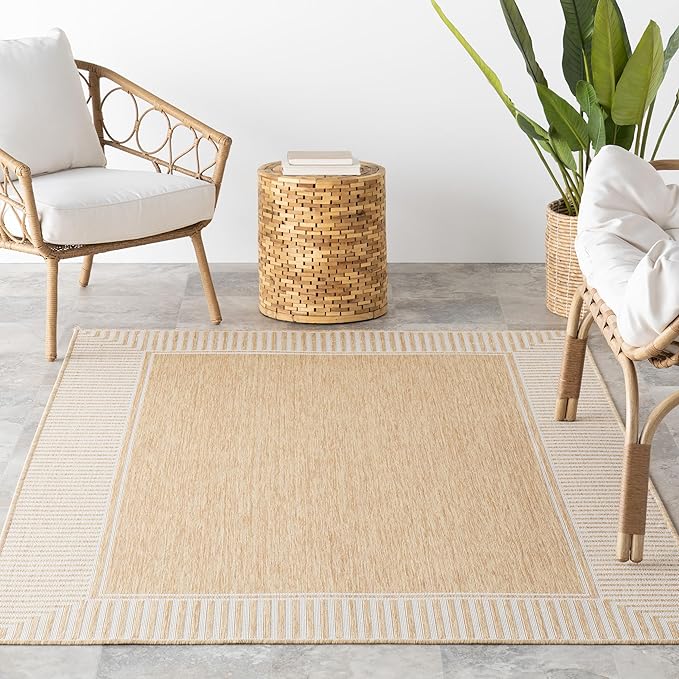 Nuloom Asha Tan/Ivory, 6'7" x 9', Casual, Striped Border, Soft and Cozy, High Traffic, Stain Resistant, Easy Clean, Durable Area Rug for Indoor/Outdoor Patio, Deck, Porch, Garden, Courtyard