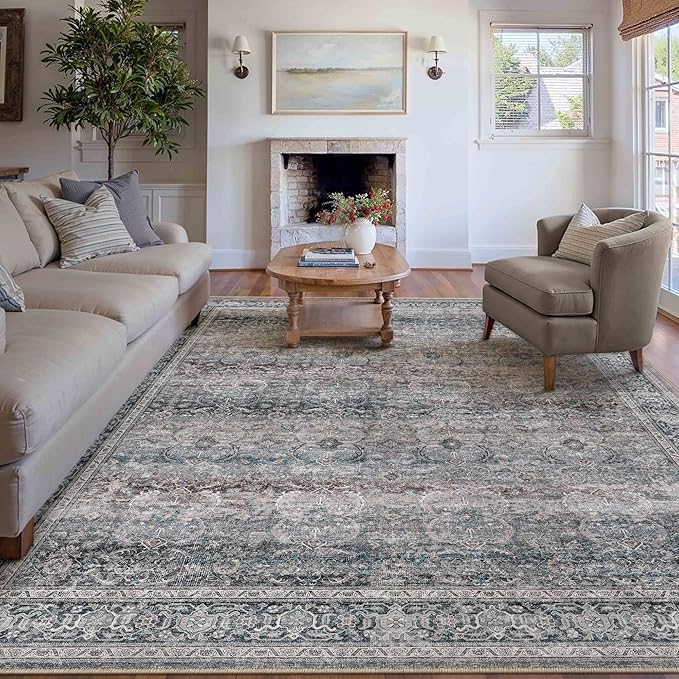 HUGEAR Large 8x10 Machine Washable Area Rug Purple Vintage Neutral Distressed Mat Soft Non Slip Low Pile Pet Friendly for Living Room Bedroom Dining Room