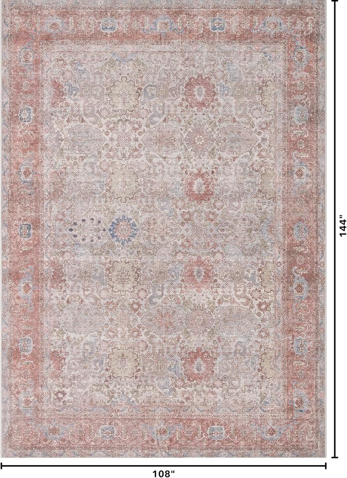 Kuden 9x12 Large Area Rug, Machine Washable Area Rug with Non-Slip Backing, Vintage Style, Soft, Easy Clean, Low Pile Rug for Living Room, Bedroom, Dining Room