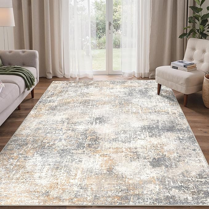 Bavni 6x9 Area Rugs Machine Washable Rug for Living Room, Modern Printed Rug Indoor Soft Area Rug for Bedroom Dining Room, Ultra-Thin Low Pile Carpet with Non Slip Rubber Backing, Beige Gray