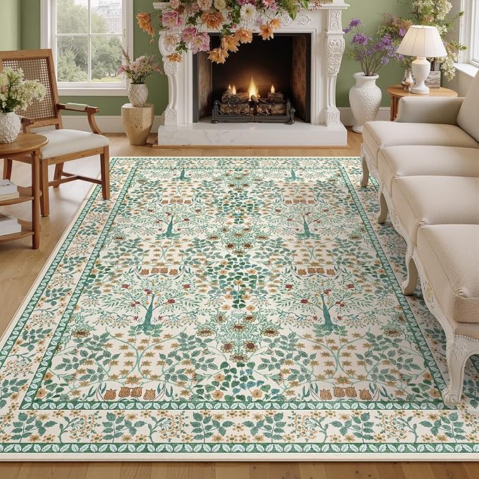 6x9 Area Rugs Living Room Rug - Floral Vintage Morris-Inspired Washable Carpet, Low Pile Non-Shedding Stain Resistance Boho Soft Carpet for Bedroom, Dining Room, Office, Farmhouse (6'x9' Beige Green)