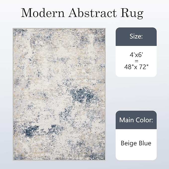 4x6 Washable Area Rugs - Modern Abstract Rugs for Living Room Non-Slip Low Pile Soft Machine Washable Carpet for Bedroom, Dining Room, Nursery, Home Office, Farmhouse (4'x6' Beige Blue)
