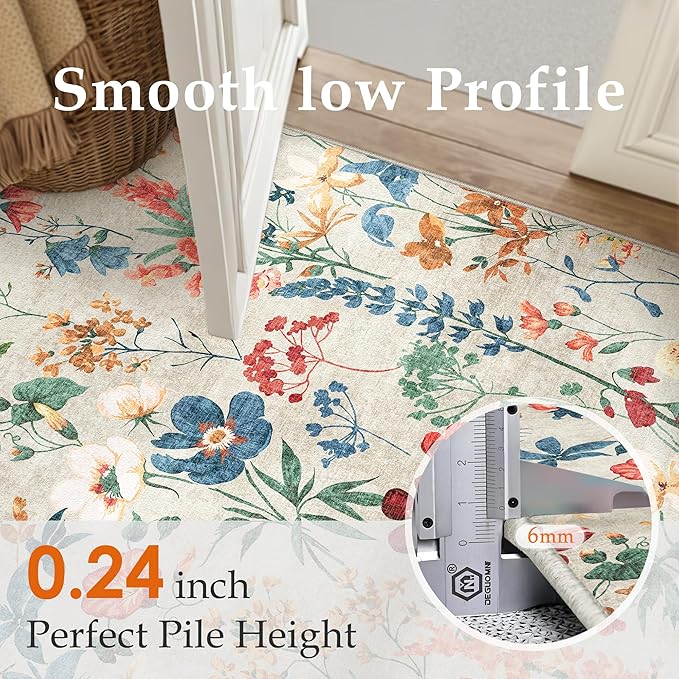 Floral Runner Rug 2x6 Washable Hallway Long Beige Bedroom Carpet Non Slip Indoor Boho Kitchen Low Pile Accent Rug Lightweight Soft for Bathroom Dining Laundry Living Room