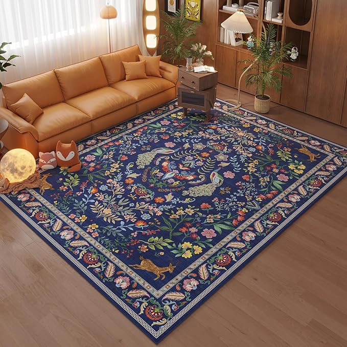 Rugcomf Area Rug 4x6 Rug Washable Rugs Floral Non Slip Low Pile Small Carpet for Bedroom, Bedside, Kids Room, Office, Dining Room(Blue)