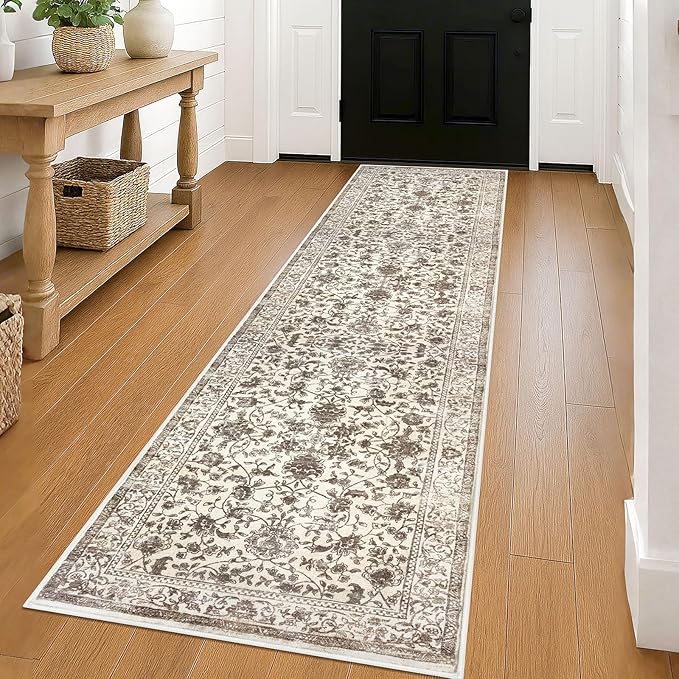 KILOCOCO Hallway Runner 2x8 Rug Runner Printed Vintage Floral Washable Kitchen Runners Non-Slip Rubber Backed Runners for Hallways Laundry Room Distressed Boho Rugs for Entryway Bedroom, Beige/Brown
