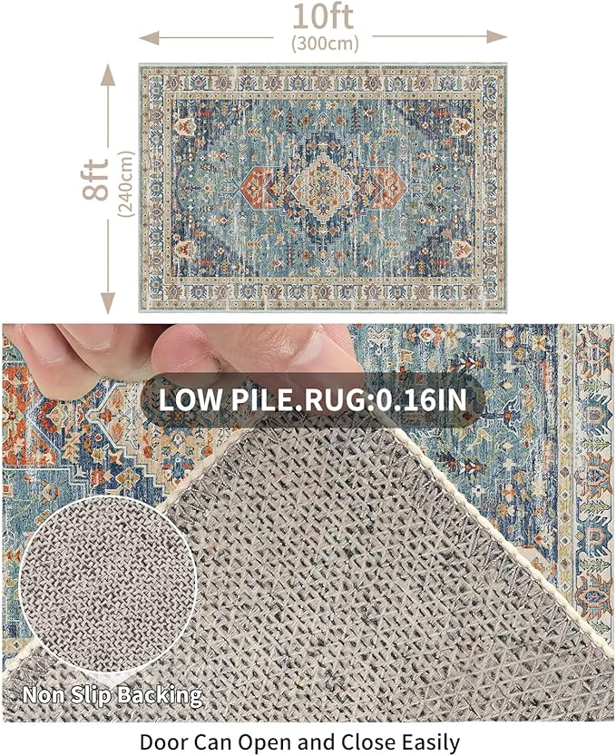 Enkor Area Soft Rugs 8x10 Washable Non Slip Boho Floor Rugs for Living Room Bedroom, Vintage Style Farmhouse Mat for Kitchen Entryway Green & Blue