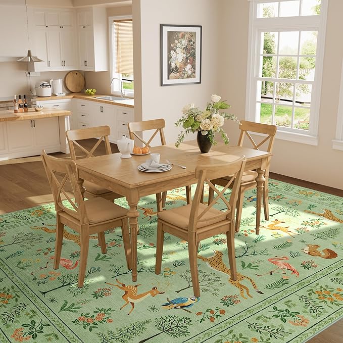 DUKINO 6x9 Rug, Washable Animal Living Room Rug with Non Slip Vintage Design, Soft Low Pile Large Carpet for Bedroom, Nursery, Dining Room, Farmhouse, Playroom, Light Green