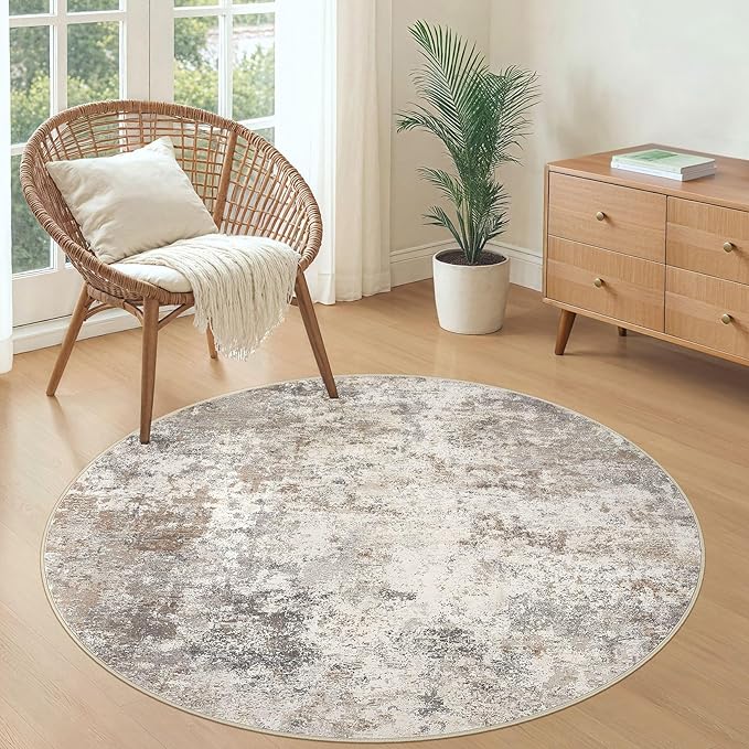 4ft Round Area Rug Living Room Rugs - 4x4 Washable Neutral Modern Abstract Soft Thin Rug Indoor Floor No Slip Rug Carpet for Bedroom Under Dining Table Home Office Decor - Brown Grey