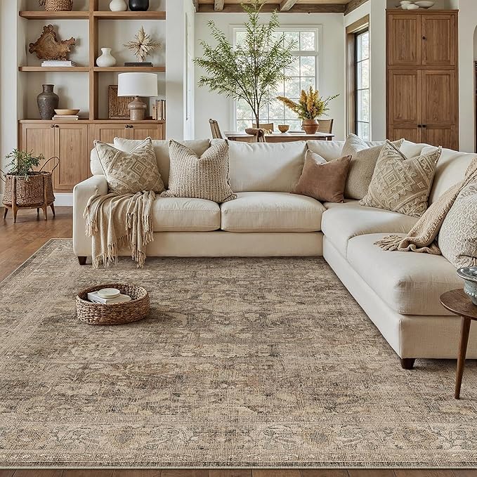8x10 Rust Brown Washable Area Rug for Living Room Bedroom Neutral Soft Non Slip Rug Low Pile Vintage Distressed Carpet for Dining Room Nursery Office