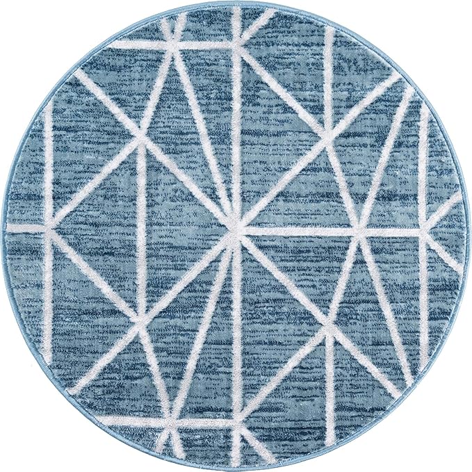 Rugs.com Lattice Trellis Collection Rug – 3 Ft Round Blue Low-Pile Rug Perfect for Kitchens, Dining Rooms