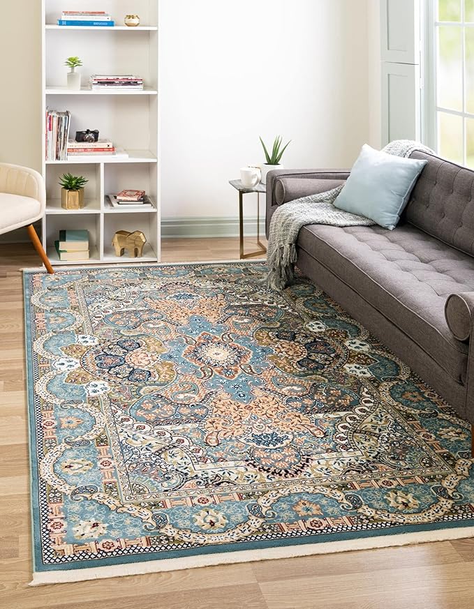 Unique Loom Narenj Collection Classic Traditional Medallion Textured Design Area Rug, 10 x 13 ft, Blue/Tan