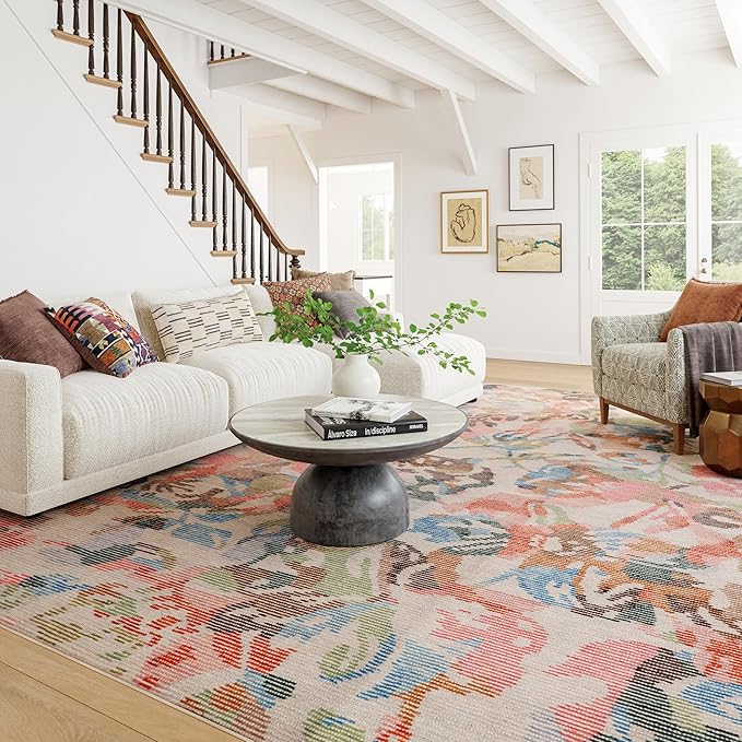 Dash & Albert Bloom Multi Machine Washable Rug, 3 X 5 Feet, Blue/Ivory Floral Pattern