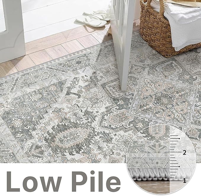 8x10 Area Rug Machine Washable Boho Rug for Living Room,Ultra-Thin Low Pile Carpet,Lightweight Indoor Printed Rug,Non Slip Floral Area Rug for Bedroom, Dining Room, Home Office,Grey Cyan