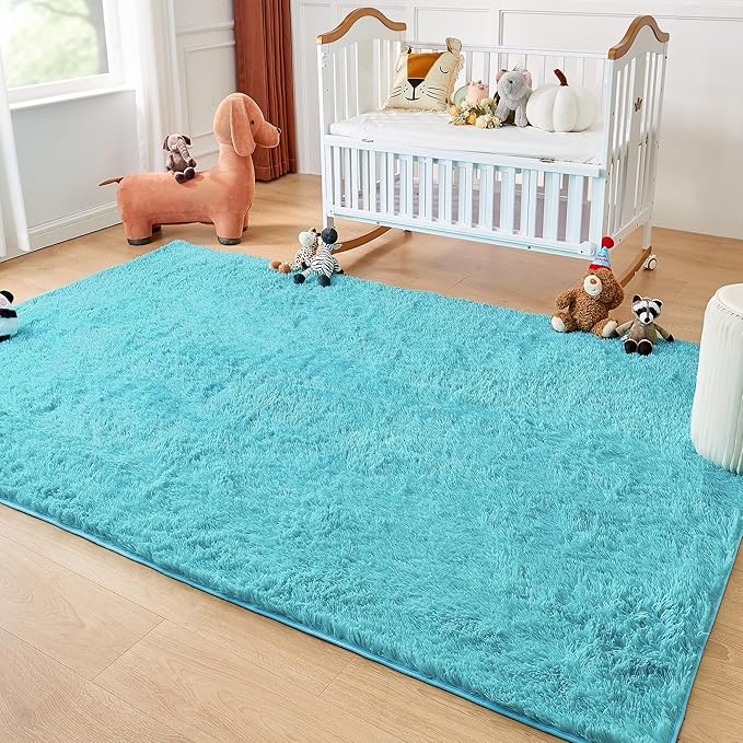 Andency Blue Area Rugs 9x12 for Living Room Home Decor, Large Shaggy Bedroom Carpet, Non-Slip Big Shag Indoor Thick Soft Fluffy Furry Fur Area Rugs for Kids Dorm Nursery Aesthetic