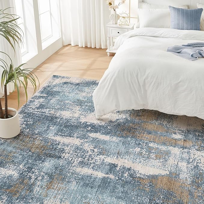 Area Rug Living Room Rugs - 5x7 Washable Soft Indoor Neutral Modern Abstract Low Pile Rug Carpet for Bedroom Dining Room Farmhouse Home Office - Blue Brown
