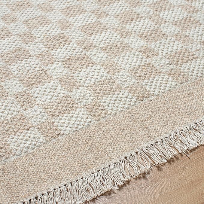 Mark&Day Wool Rugs, 2x3 Clinten Solid and Border Tan Checkered Rug, Tan Ivory Carpet for Living Room, Bedroom or Kitchen (2' x 3')