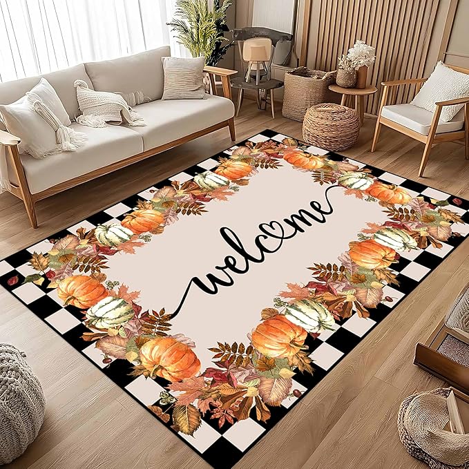 Checkered Area Rugs, 5x6ft, Black and White Check with Fall Leaves Pumpkin Autumn Harvest Carpet, Entrance Rubber Non Slip Breathable Fall Rug for Dining Room Laundry