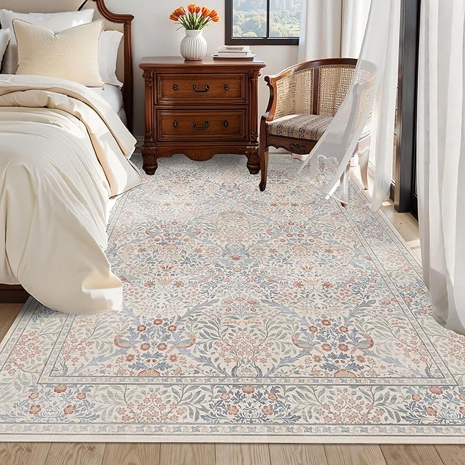 6x9 Floral Washable Area Rugs for Living Room, Vintage Boho Large Rug for Bedroom Dining Room， Distressed Botanical Birds Non Slip Low Pile Forest Animal Throw Carpet for Farmhouse Office, Beige Blue